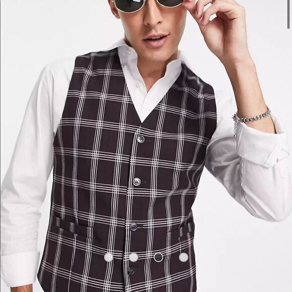 ASOS DESIGN skinny suit vest with window check in burgundy - Picture 2 of 7